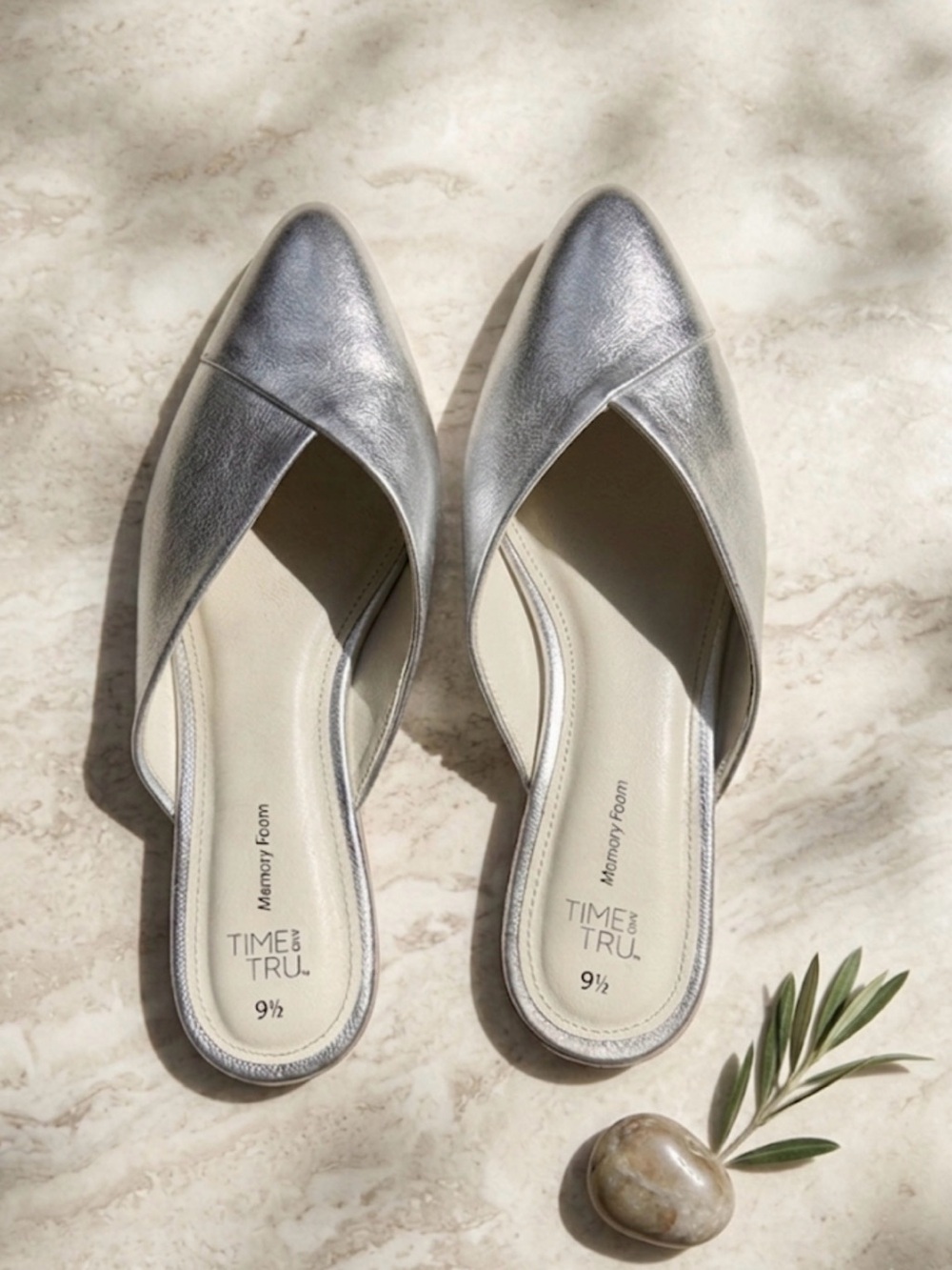 Time and Tru Metallic Silver Pointed-Toe Slip-On Mules